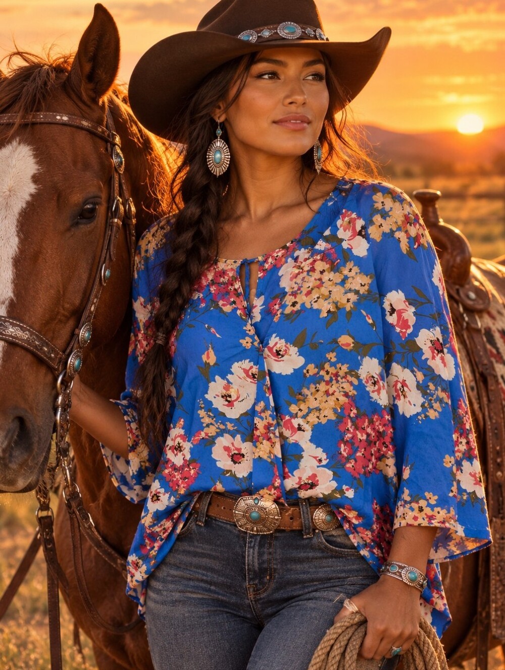 Umgee Royal Blue Floral Peasant Tunic